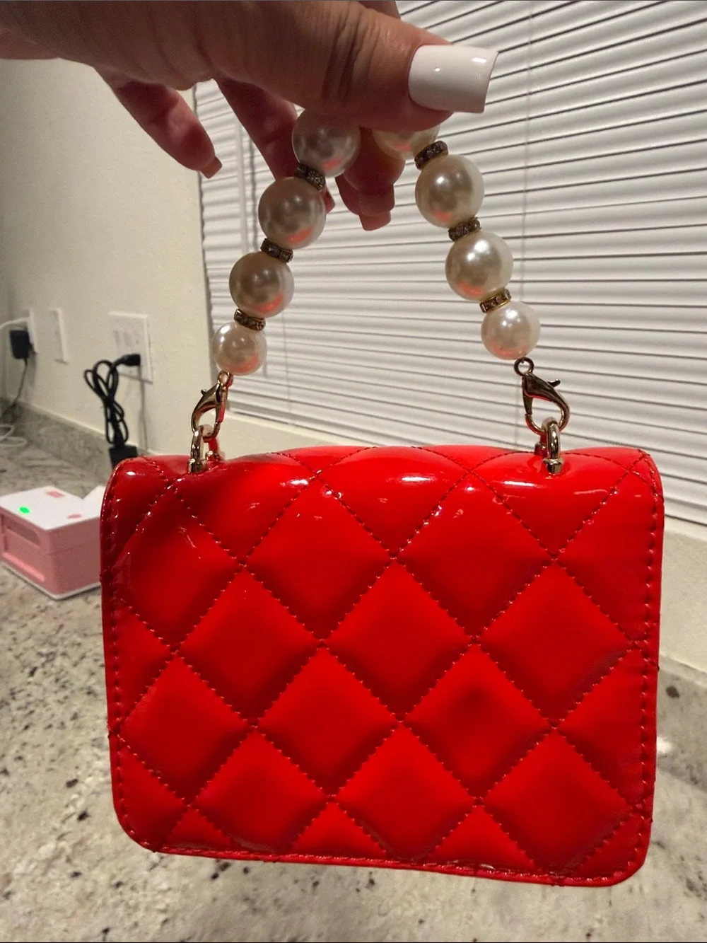 Red Quilted Heart-Accent Pearl Handle mini Toddler bag